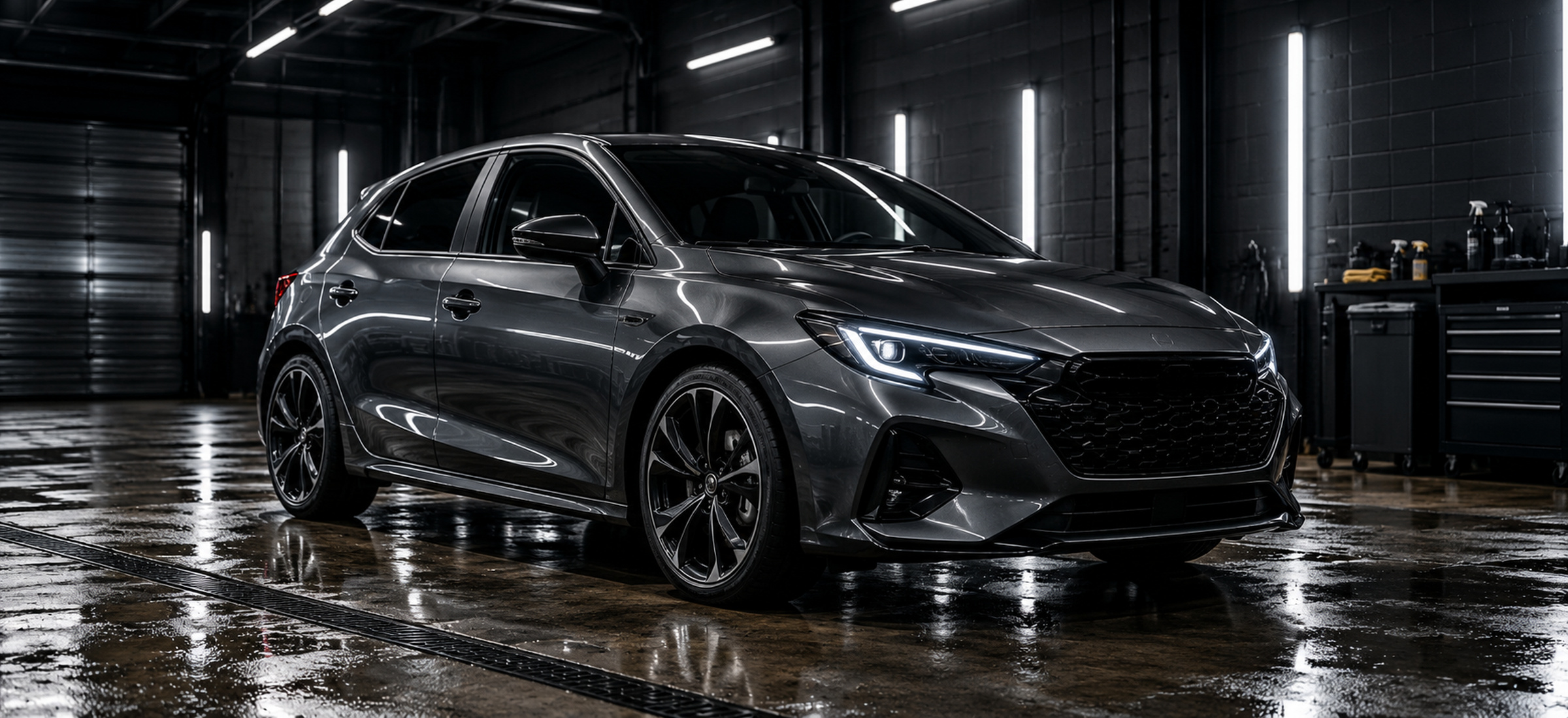 voiture propre dans un garage industriel sombre, néons